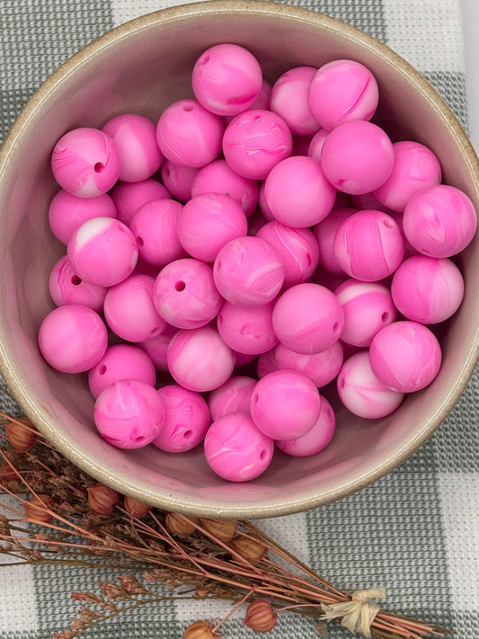 Silicone bead |  15mm | 3 Hot Pink Swirl