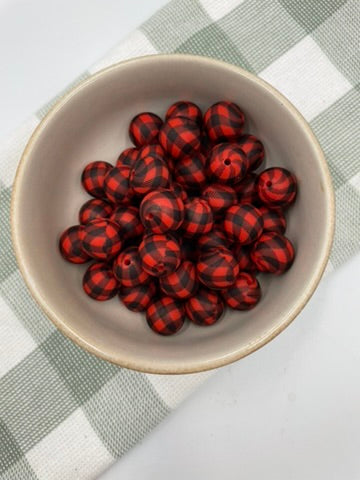 Silicone bead |  15mm | 53 Black & Red Gingham